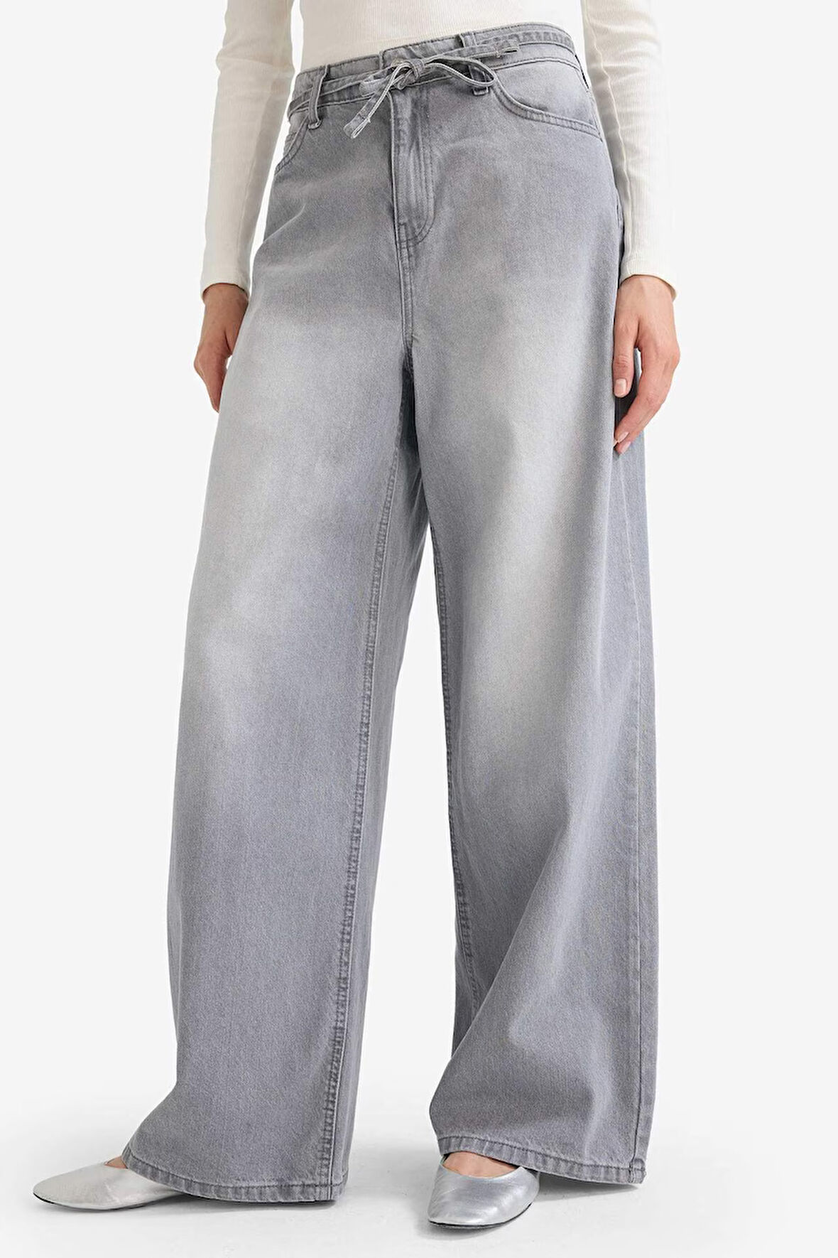 Wide Leg Yüksek Bel Uzun Jean Yıkamalı Pantolon