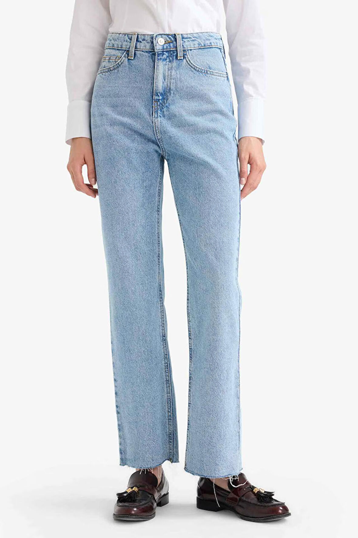 Straight Fit Yüksek Bel Düz Paça Uzun Jean Yıkamalı Pantolon