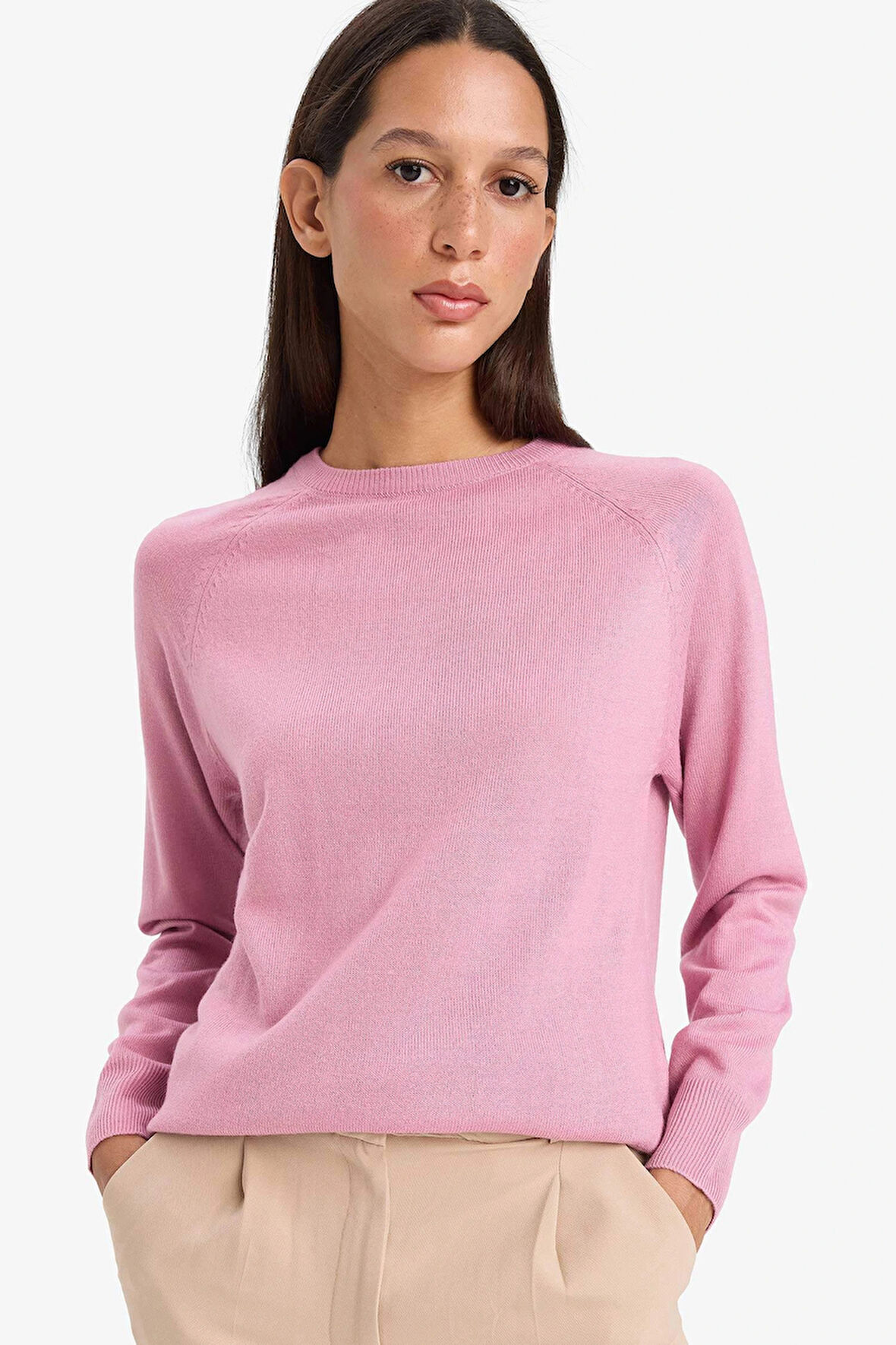 Defacto I6913AZPN141 Pembe Relax Fit Bisiklet Yaka Basic Düz Triko Kazak