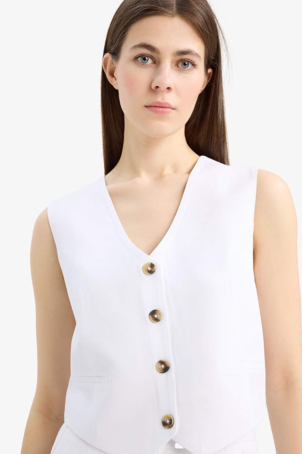 DeFacto V Yaka Keten Karışımlı Beyaz Blazer Yelek C3828AX25SMWT34