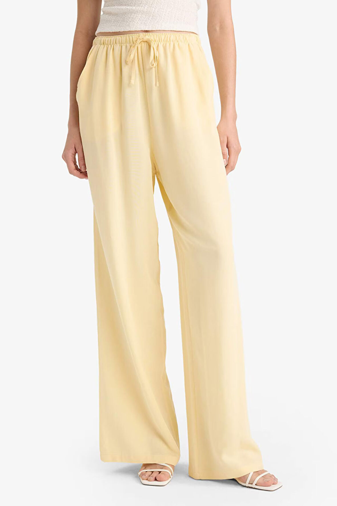 Keten Karışımlı Pantolon Wide Leg Geniş Bol Paça Üç Cepli Normal Bel Basic Düz Standart Boy	