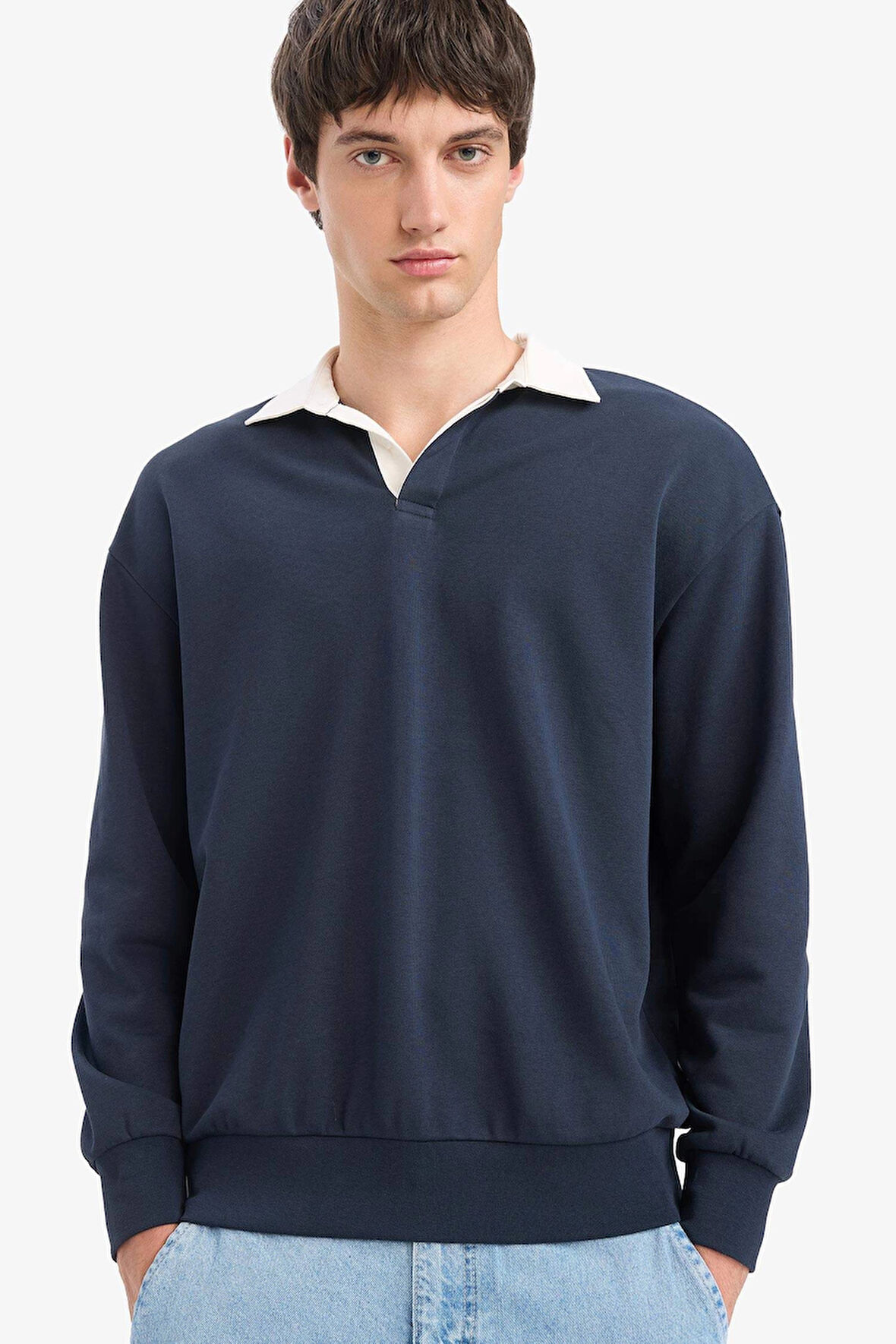 Defacto E6523 Lacivert Boxy Fit Polo Yaka Sweatshirt