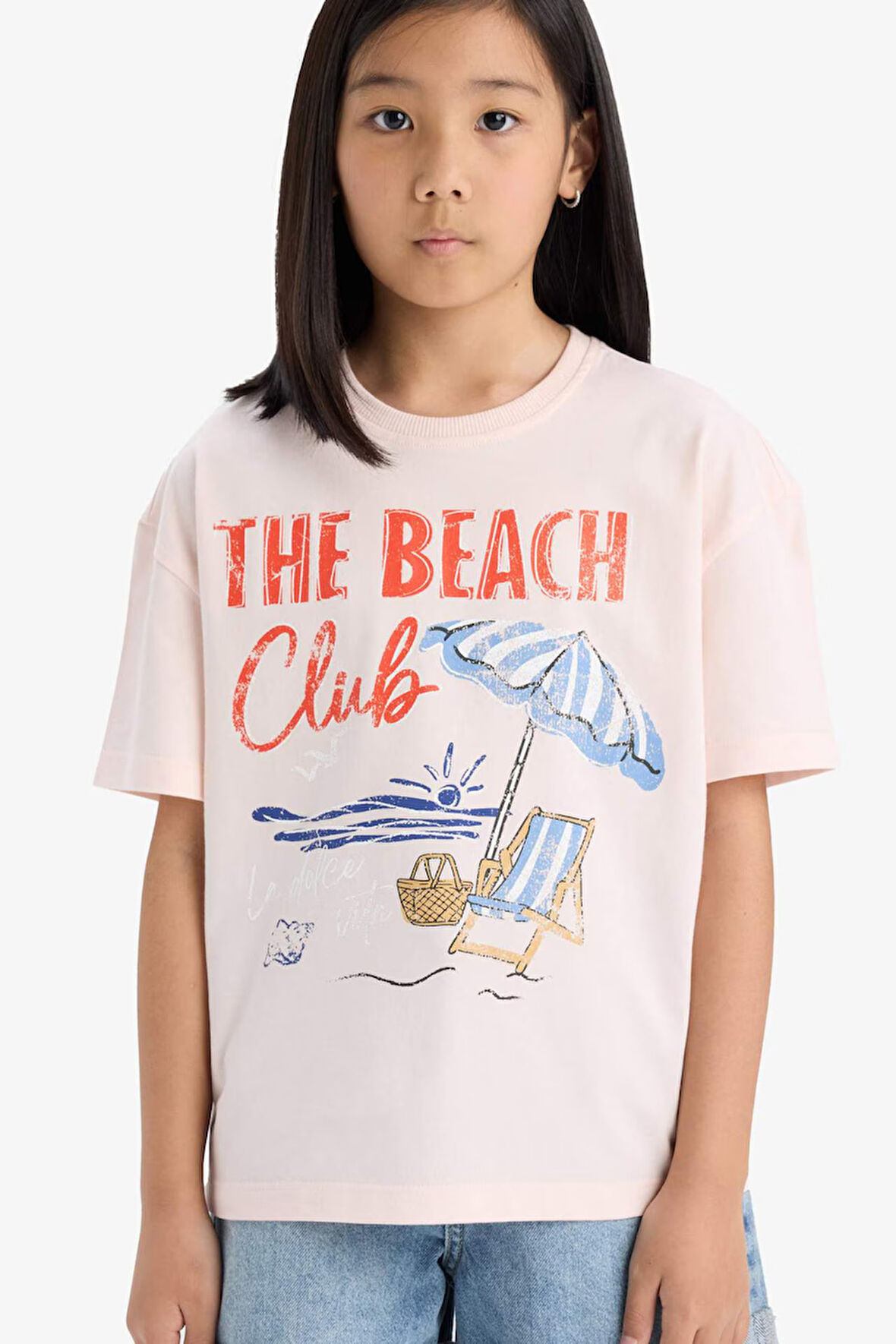 DeFacto Kız Çocuk Oversize Geniş Kalıp Bisiklet Yaka Baskılı Kısa Kollu Tişört E0392A825SMWT34