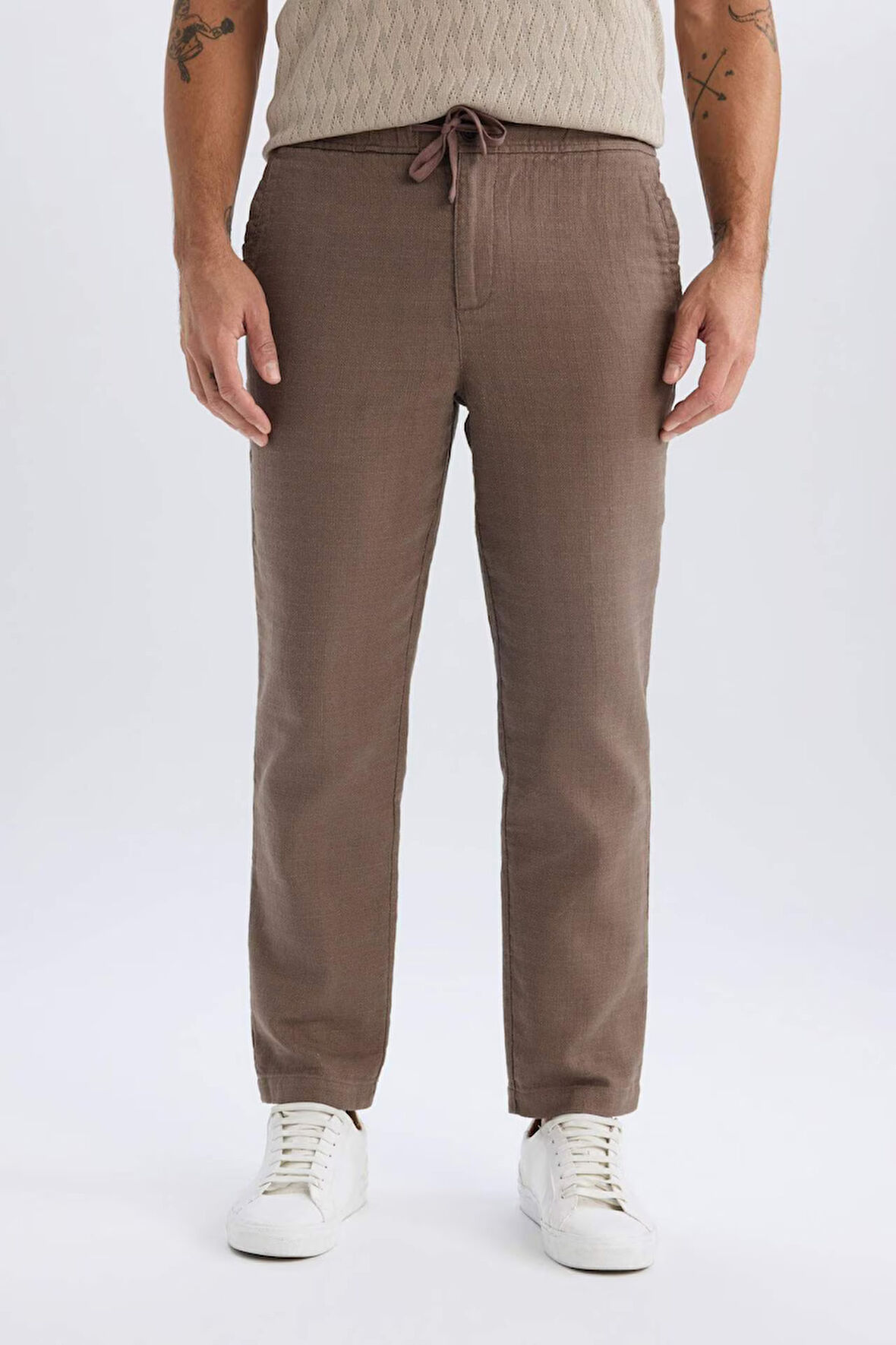 %100 Pamuk Yazlık Jogger Pantolon Regular Fit Normal Kesim Keten Görünümlü Düz Paça Cepli
