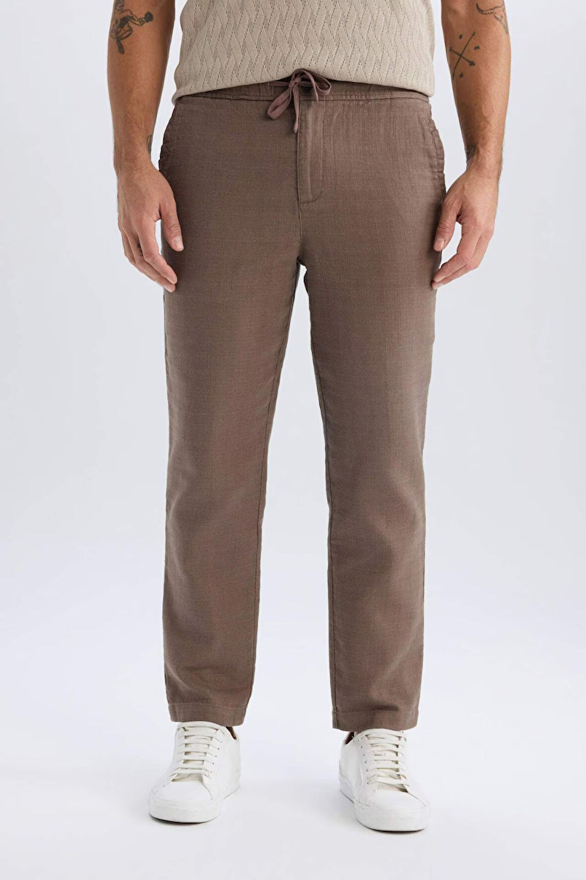 Yazlık Jogger Pantolon Regular Fit Normal Kesim Keten Görünümlü Düz Paça Pamuklu Cepli