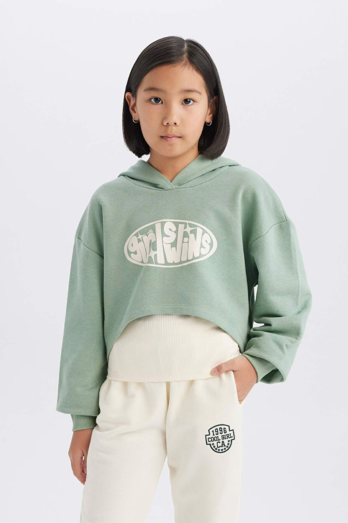 Kız Çocuk 2'li Takım Crop Kapüşonlu Baskılı Sweatshirt Atlet