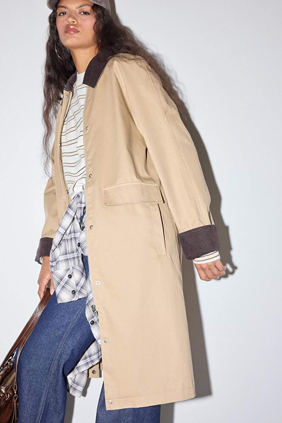 Regular Fit Kontrast Yaka Cepli Çıtçıtlı Pamuklu Trençkot