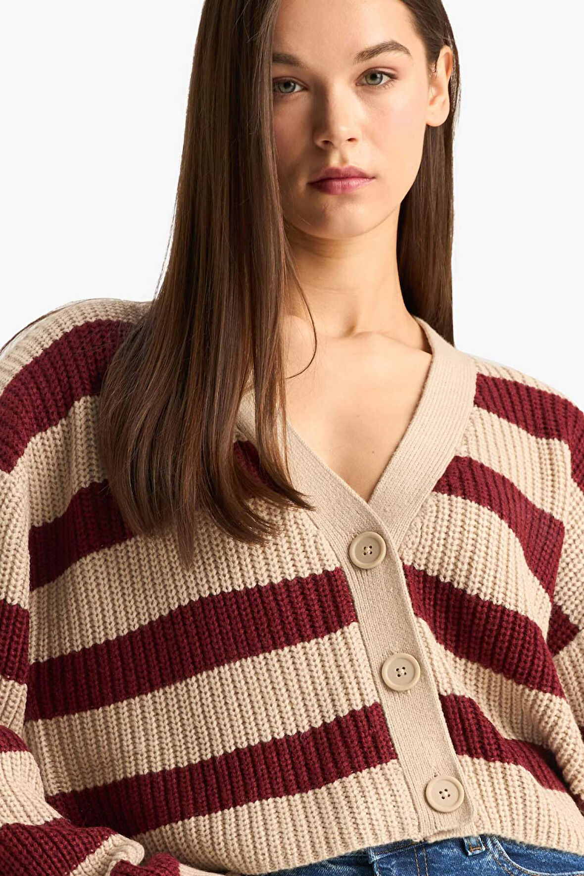 Regular Fit V Yaka Çizgili Triko Hırka