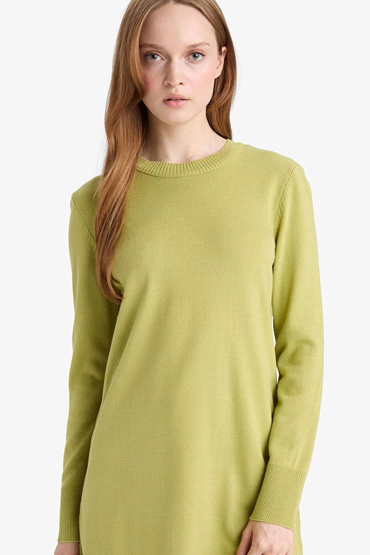 Regular Fit Bisiklet Yaka Yırtmaçlı Basic Düz Triko Kazak Tunik