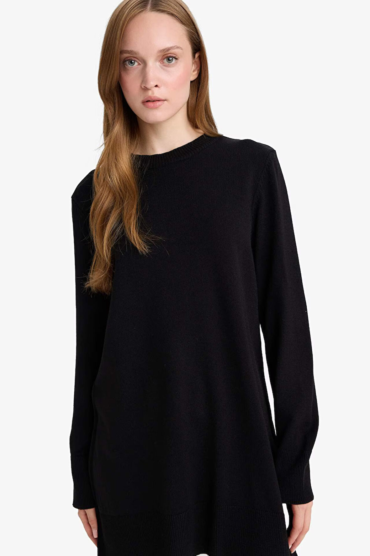 Regular Fit Bisiklet Yaka Yırtmaçlı Basic Düz Tunik