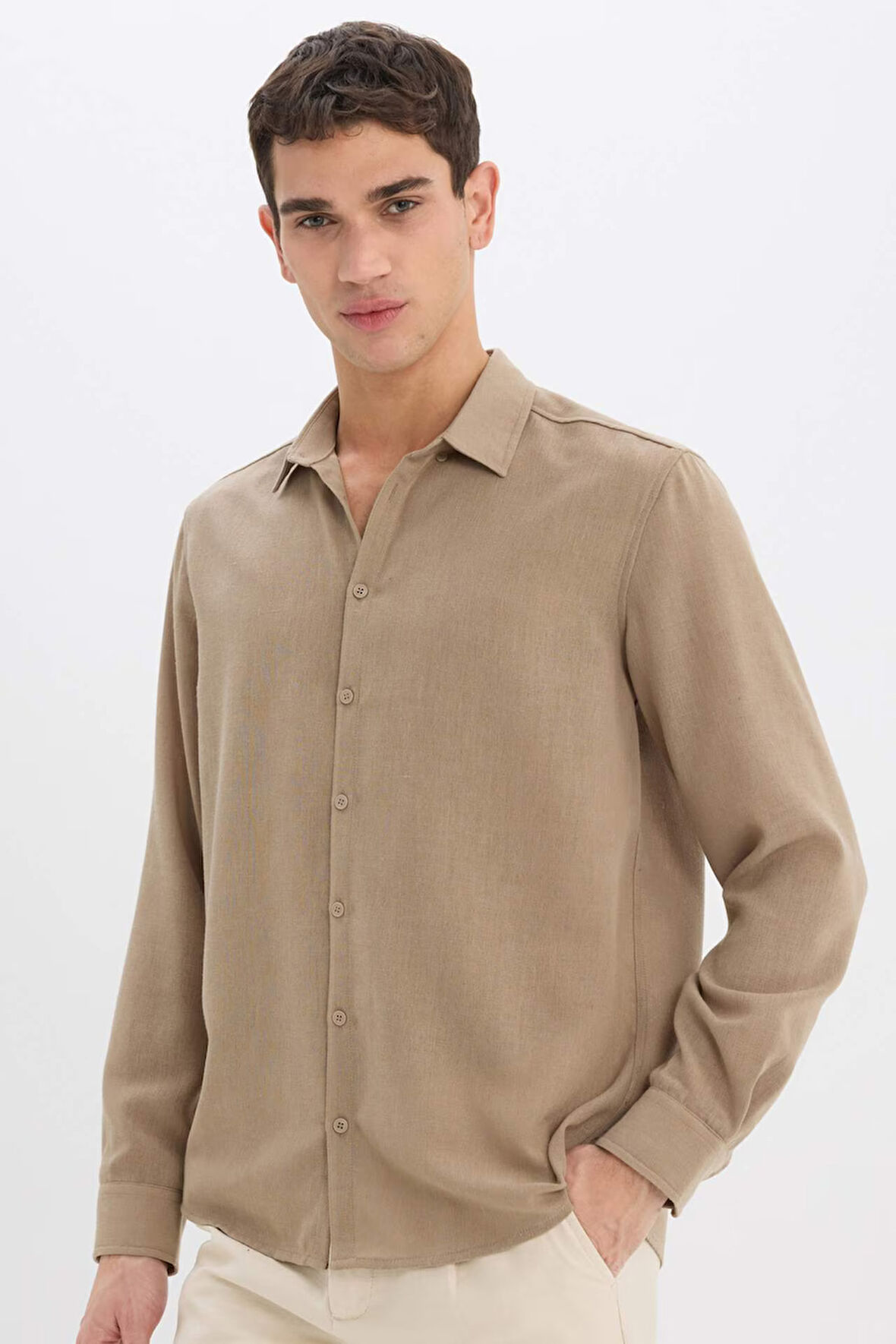 Regular Fit Polo Yaka Keten Görünümlü Uzun Kollu Gömlek