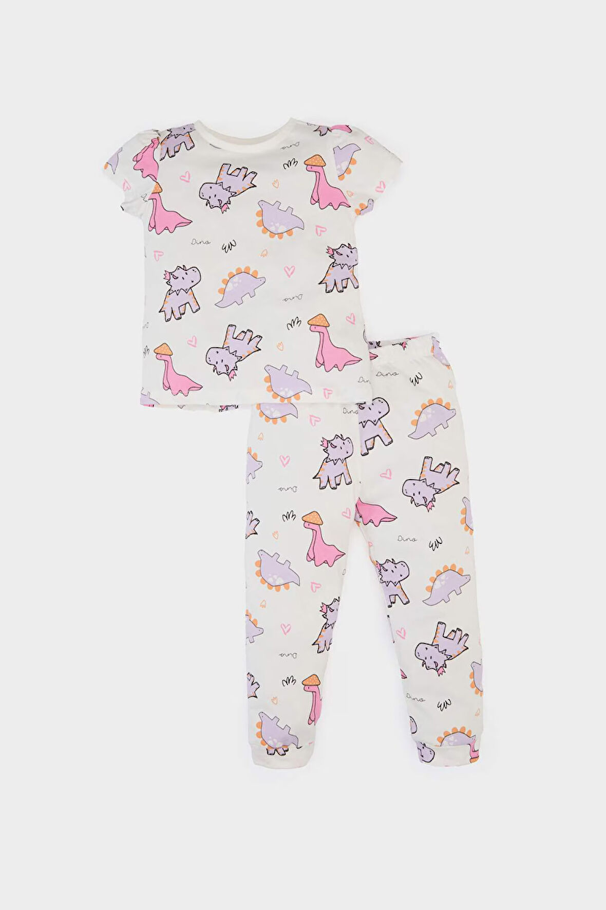 Kız Bebek Pijama Takımı Dinazor Baskılı Kısa Kollu Penye Pijama Üstü Esnek Belli Uzun Pijama Altı