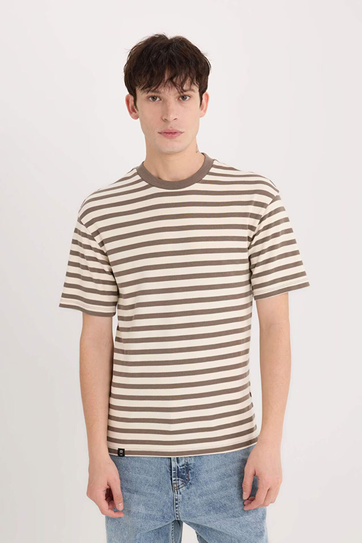 DeFacto Boxy Fit Bisiklet Yaka Çizgili Kısa Kollu Ağır Kumaş Tişört B5910AX25SPBN229