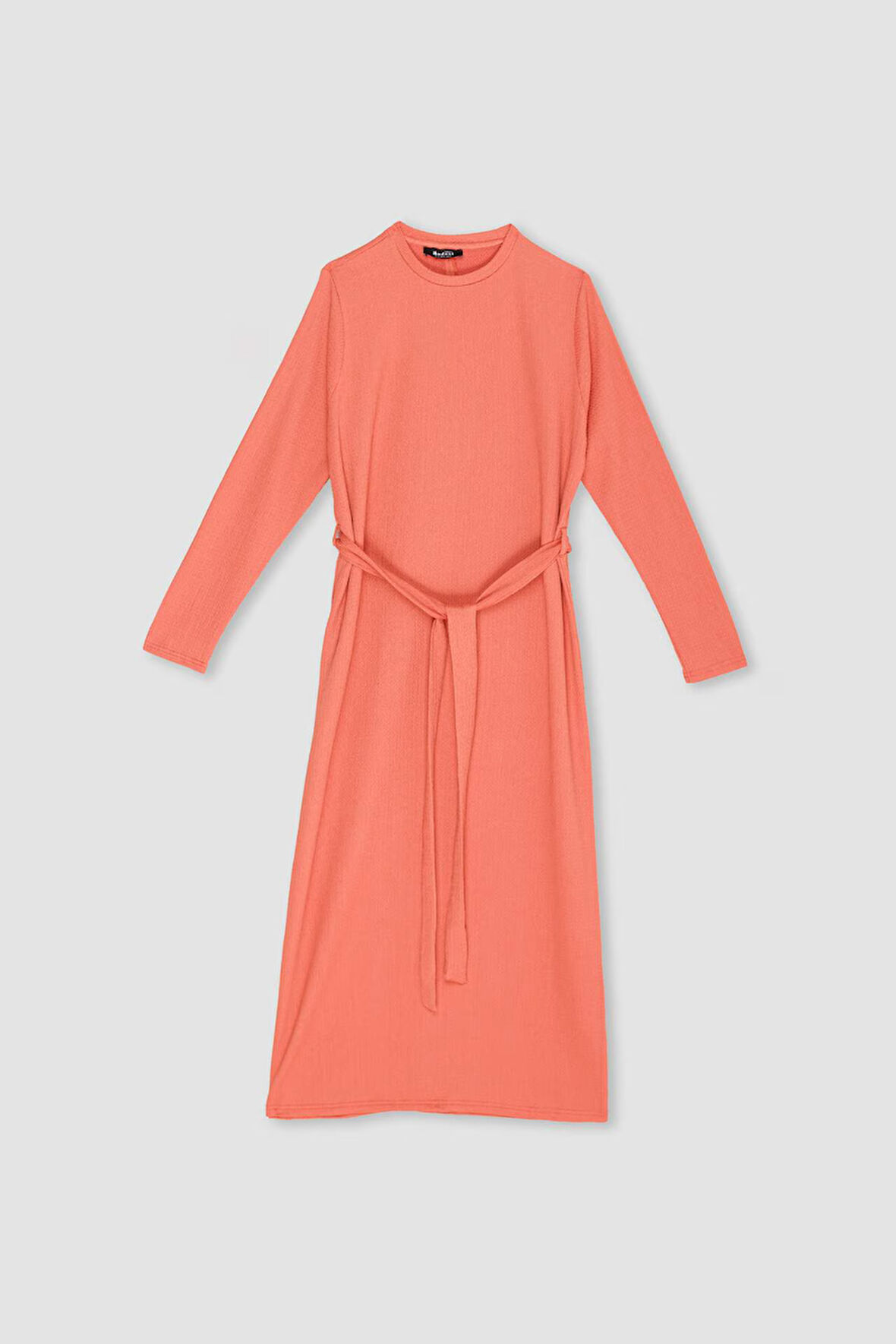 Regular Fit Bisiklet Yaka Bağlamalı Uzun Kollu Maxi Elbise