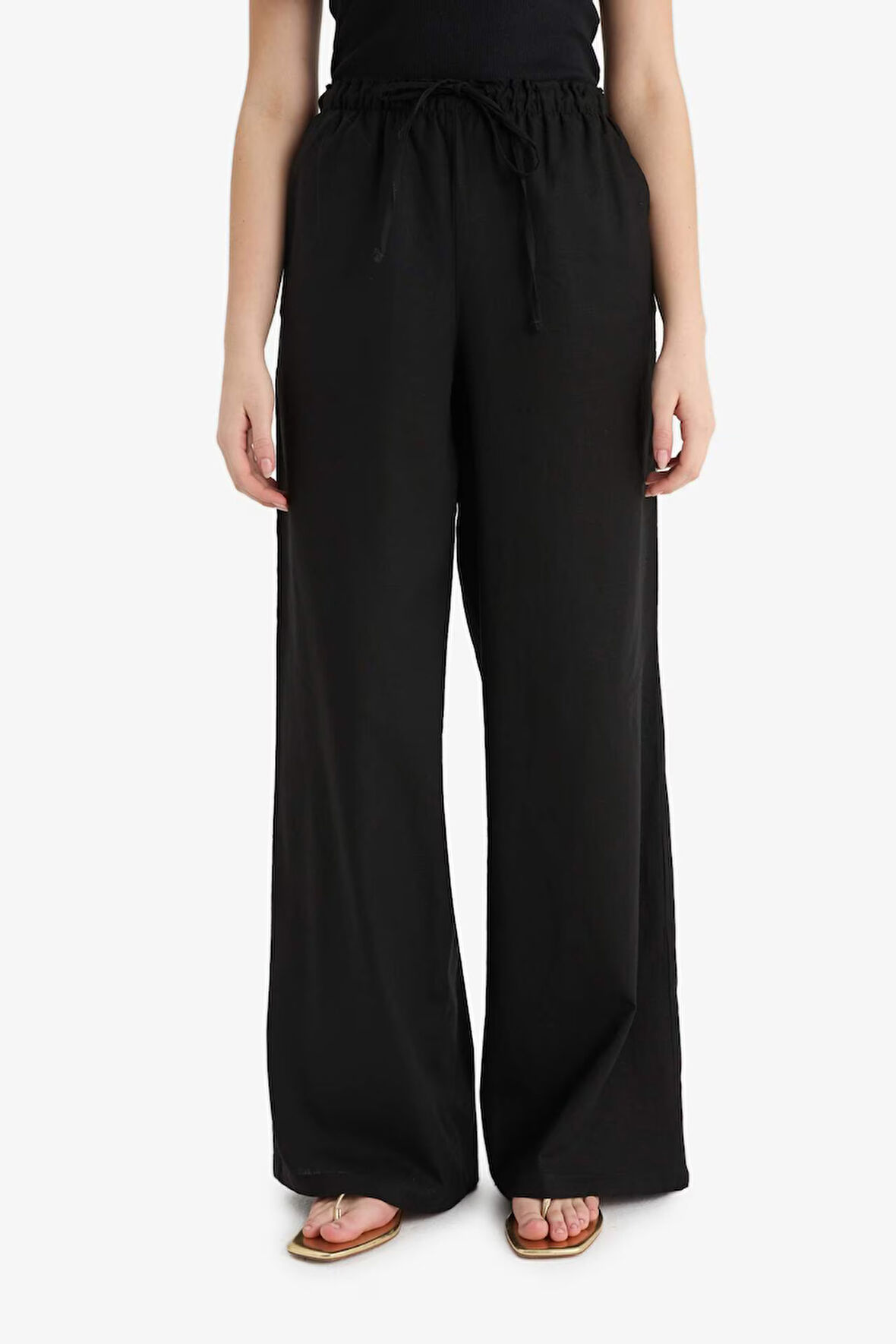 Wide Leg Çift Cepli Beli Lastikli Standart Boy Keten Karışımlı Pantolon