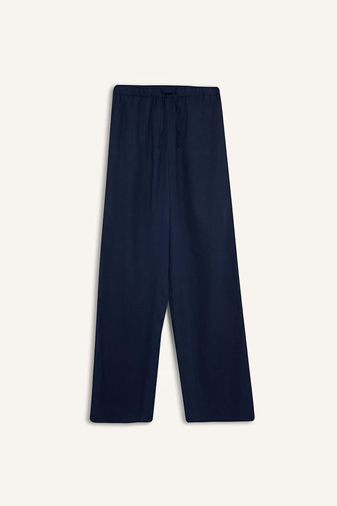Wide Leg Çift Cepli Beli Lastikli Standart Boy Keten Karışımlı Pantolon