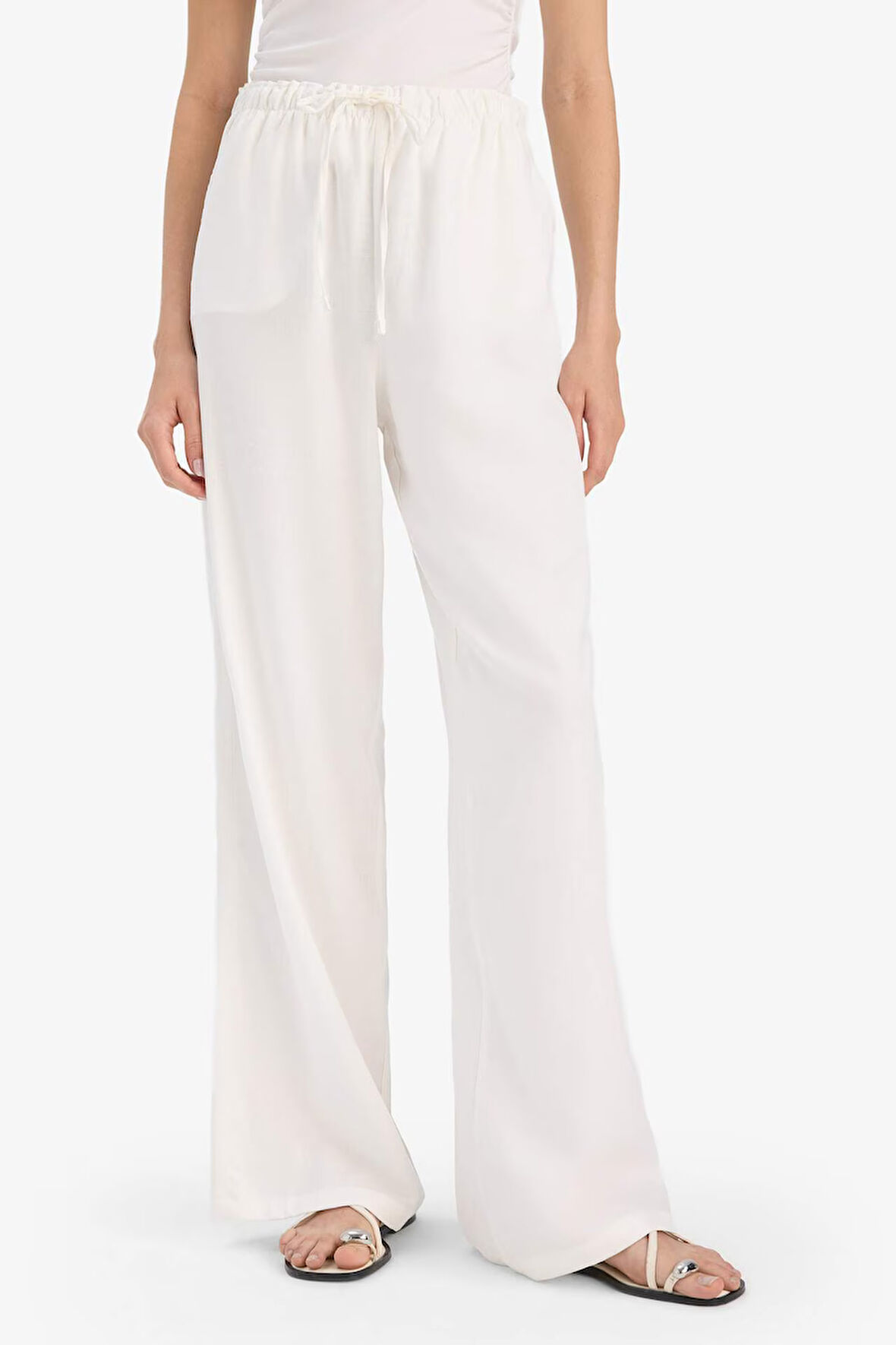 Wide Leg Çift Cepli Beli Lastikli Standart Boy Keten Karışımlı Pantolon