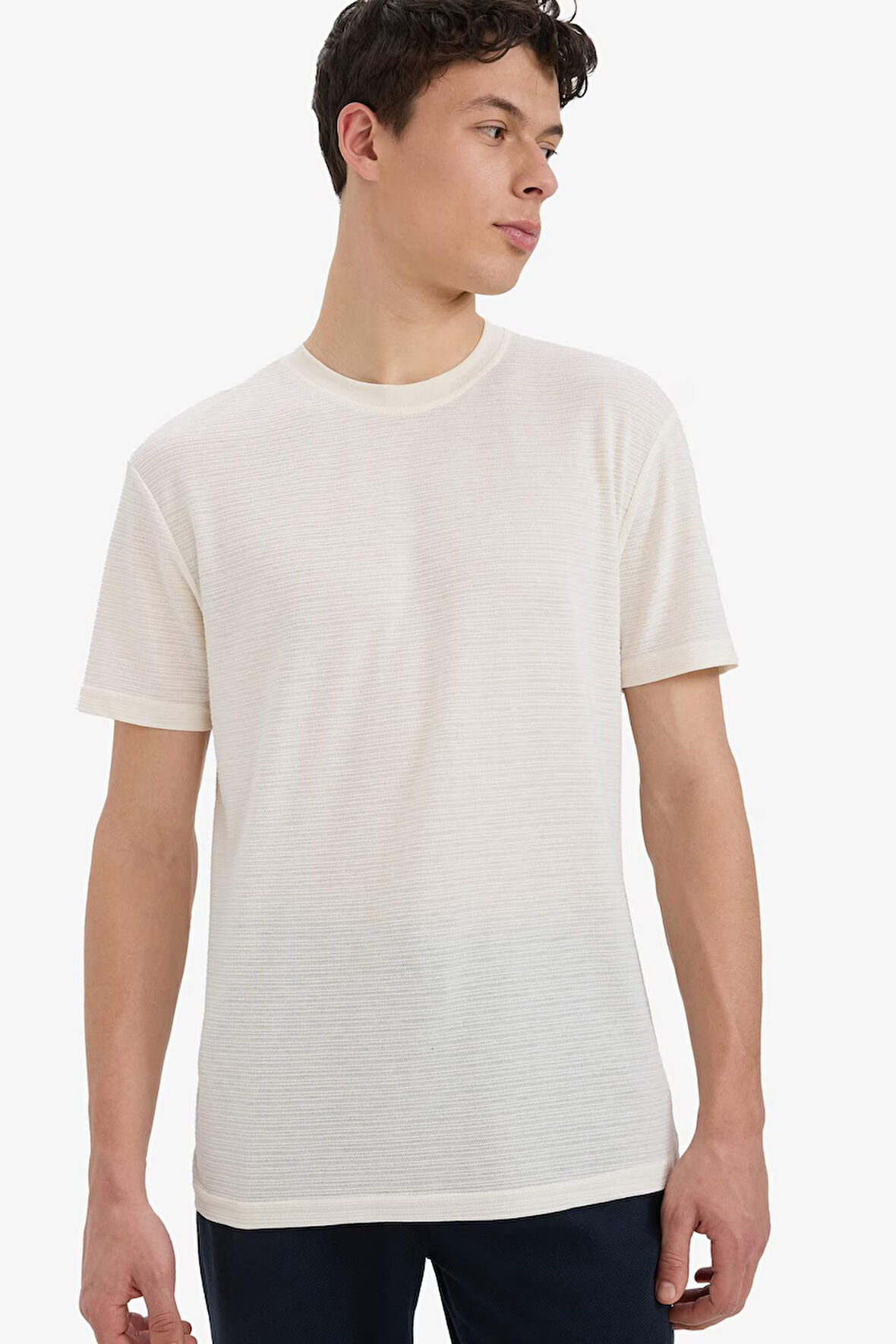 New Regular Fit Bisiklet Yaka Kısa Kollu Jakarlı Tişört