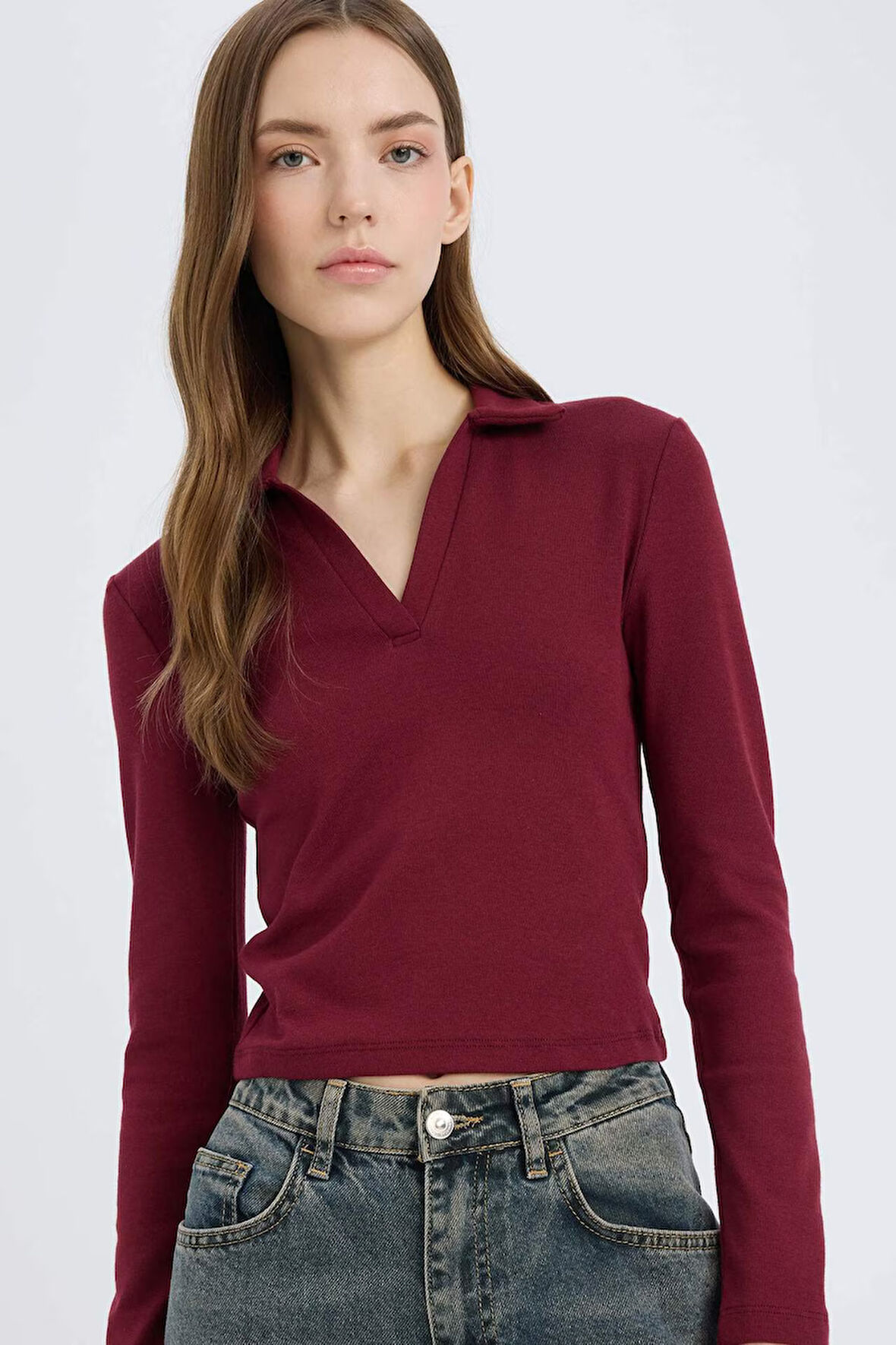 Fitted Polo Yaka Basic Düz Modal Uzun Kollu Tişört