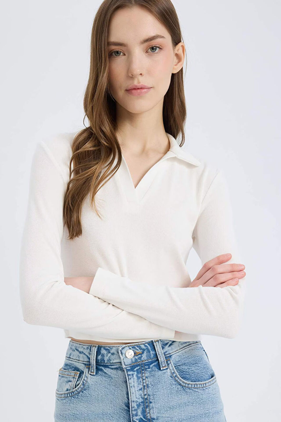 DeFacto Fitted Polo Yaka Basic Düz Modal Uzun Kollu Beyaz Tişört E7938AX25SPWT32