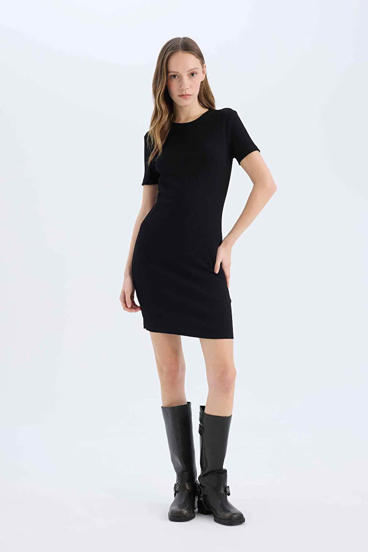 Coool Bodycon Vücudu Saran Bisiklet Yaka Fitilli Kaşkorse Kısa Kollu Mini Elbise