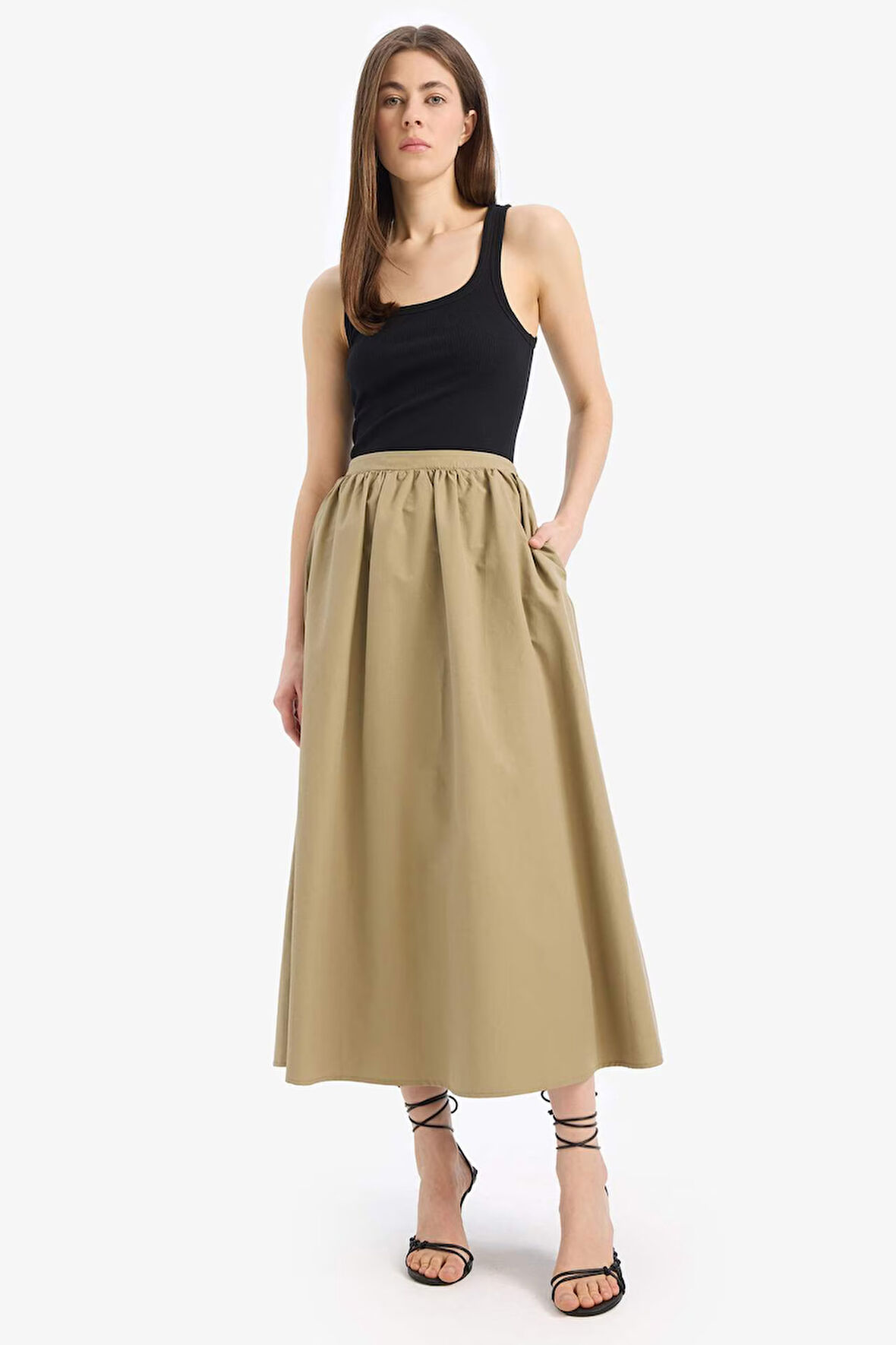 A Kesim Normal Bel Yarım Astar Poplin Midi Etek