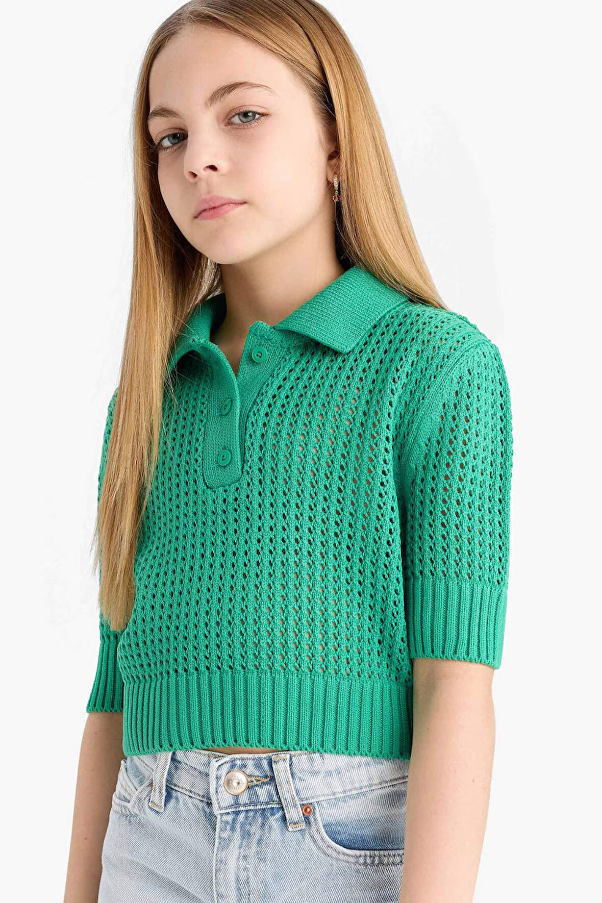 Kız Çocuk Cropped Fit Polo Yaka Kazak