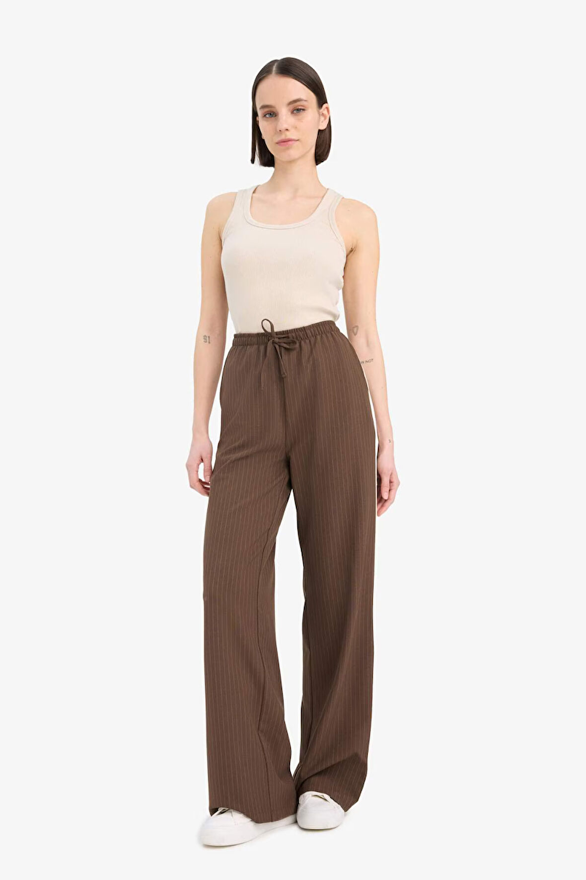 Coool Wide Leg Çizgili Kumaş Pantolon Normal Bel
