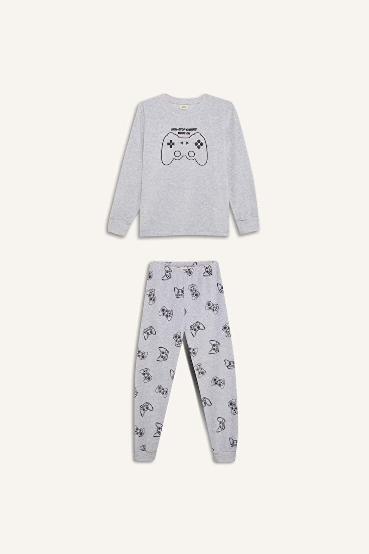 DeFacto Erkek Çocuk Kadife Pijama Takımı Bisiklet Yaka Baskılı Uzun Kollu Üst Uzun Alt D8599A824CWGR400