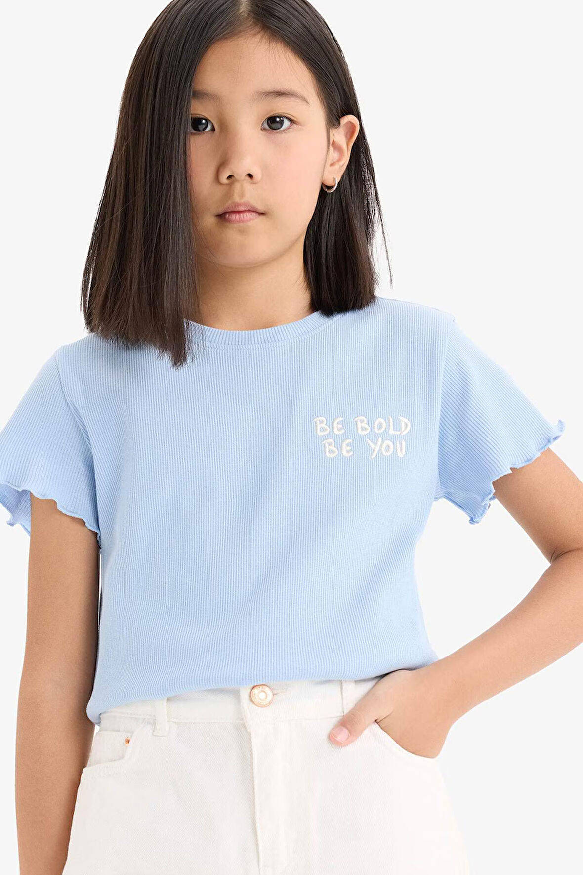 Kız Çocuk Slim Fit Dar Kesim Bisiklet Yaka Baskılı Fitilli Kaşkorse Kısa Kollu Tişört