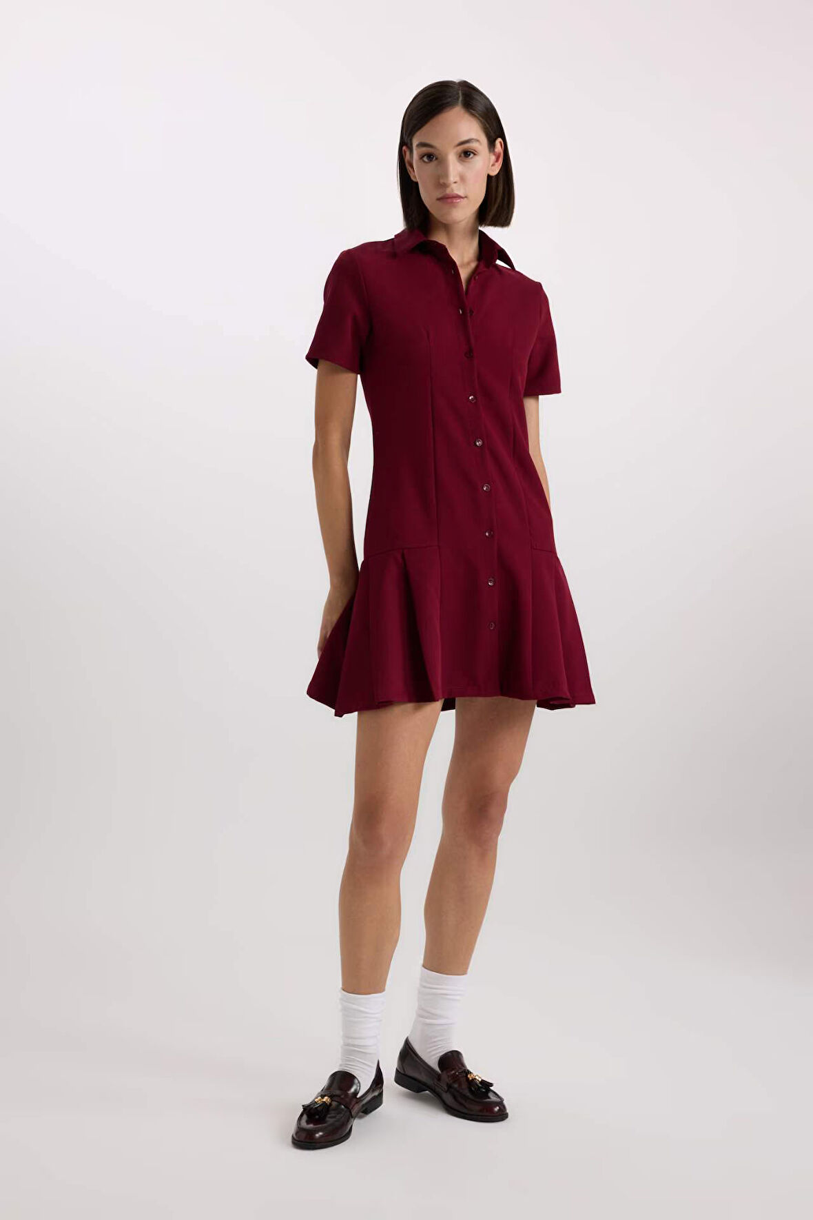 DeFacto Polo Yaka Basic Düz Kısa Kollu Pileli Mini Elbise D4203AX24AUBR118