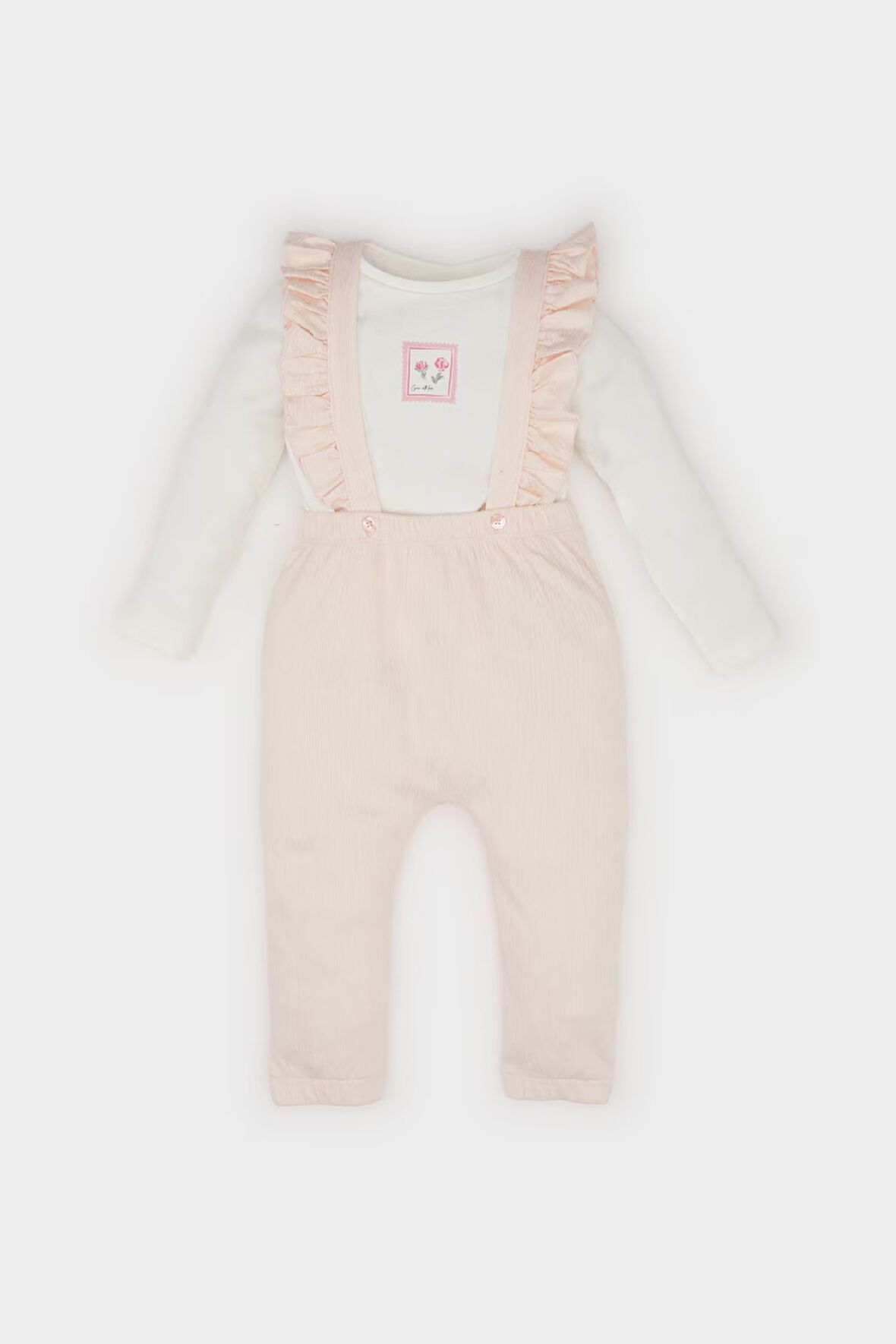 DeFacto Kız Bebek 2'li Takım Çiçekli Uzun Kollu Krinkıl Kumaş Tişört Salopet Tulum D9094A525SPPN262