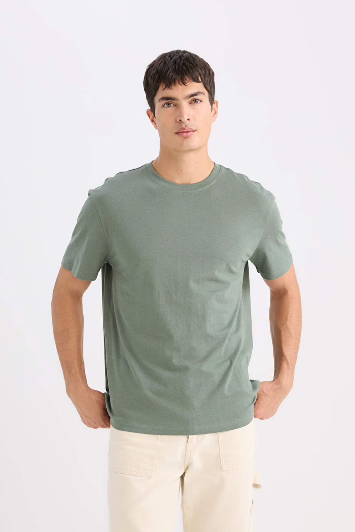 DeFacto %100 Pamuk New Regular Fit Bisiklet Yaka Basic Düz Kısa Kollu Tişört V7699AZ25SPGN470