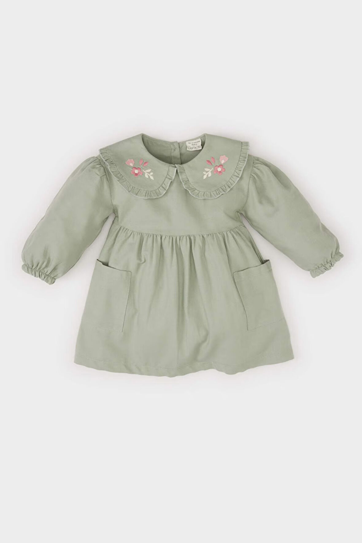Kız Bebek Büyük Yaka Nakışlı Uzun Kollu Cepli Twill Elbise