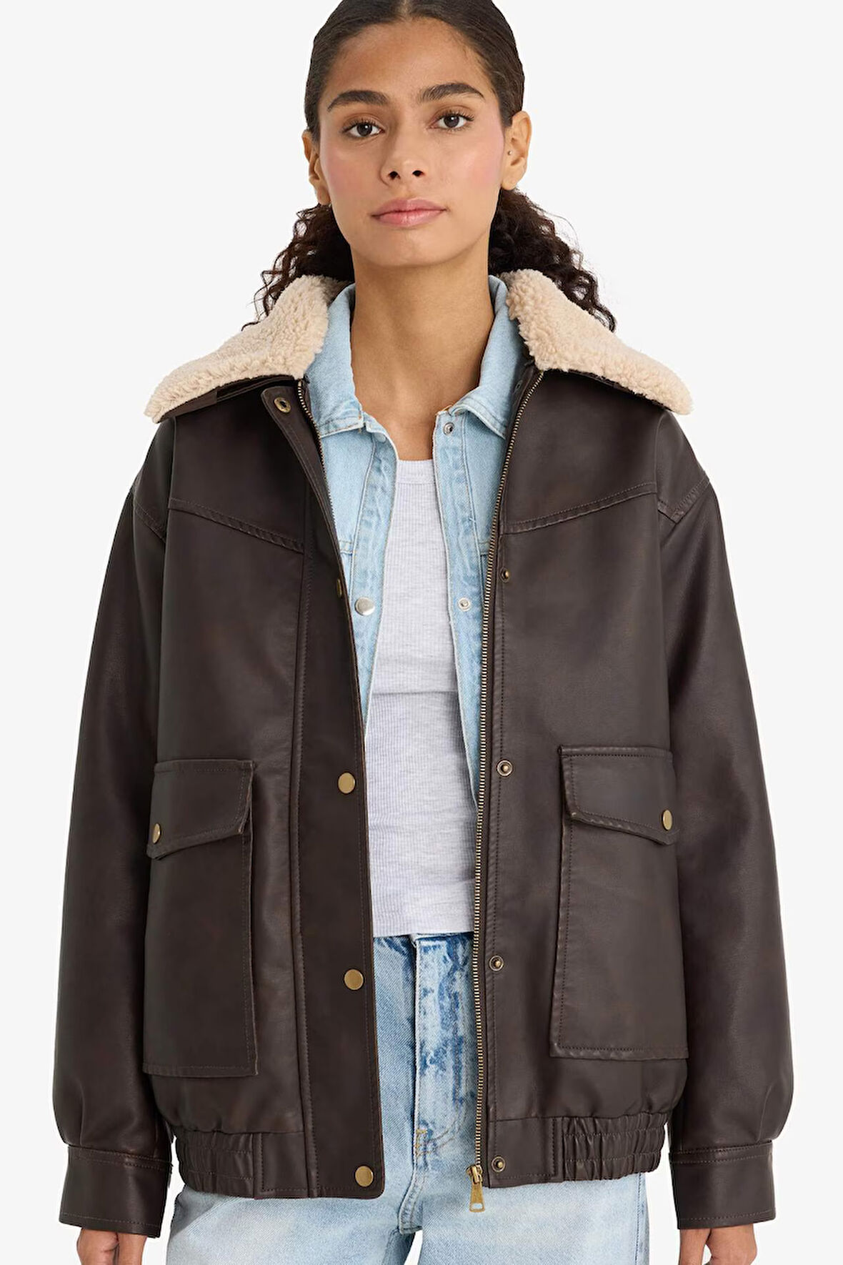 Çıkarılabilir Suni Kürk Yaka Dad Fit Polo Yaka Tafta Suni Deri Mont