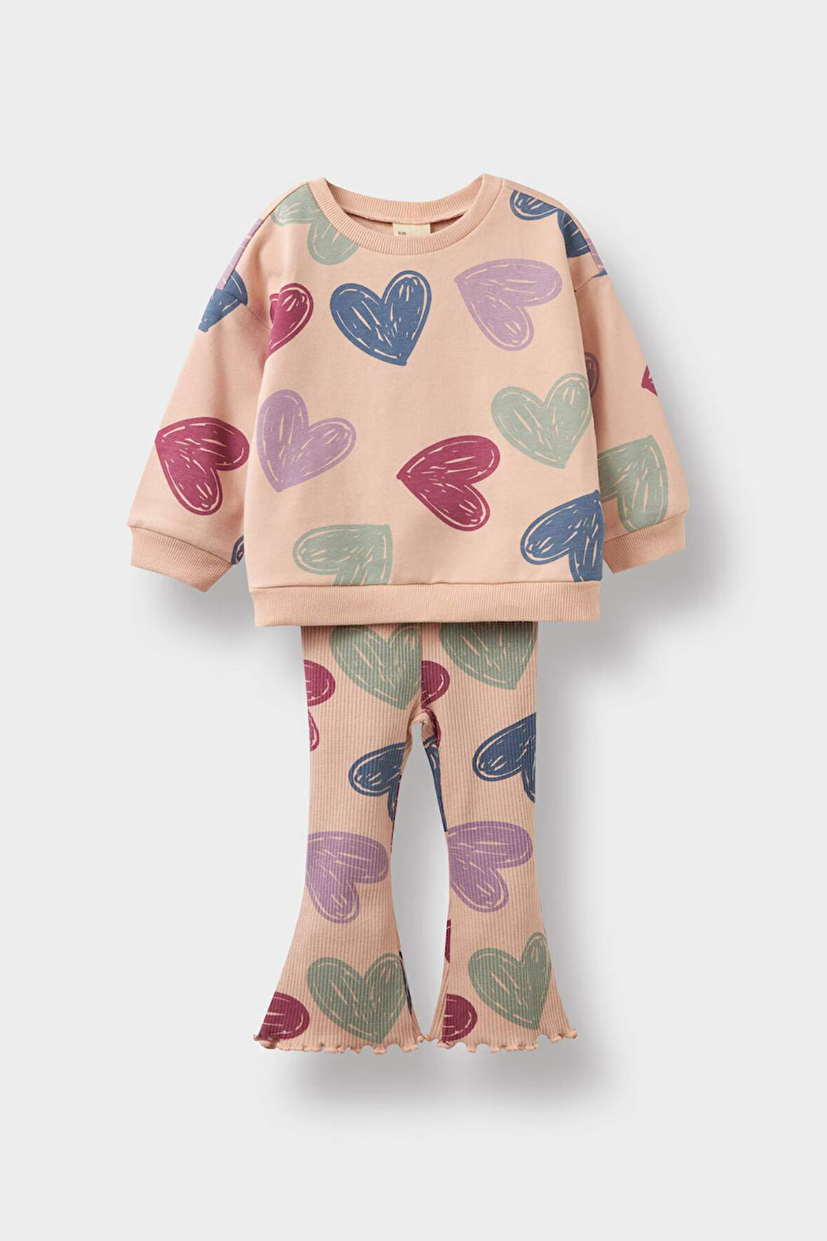 Kız Bebek 2'li Takım Kalp Desenli Sweatshirt İspanyol Paça Tayt