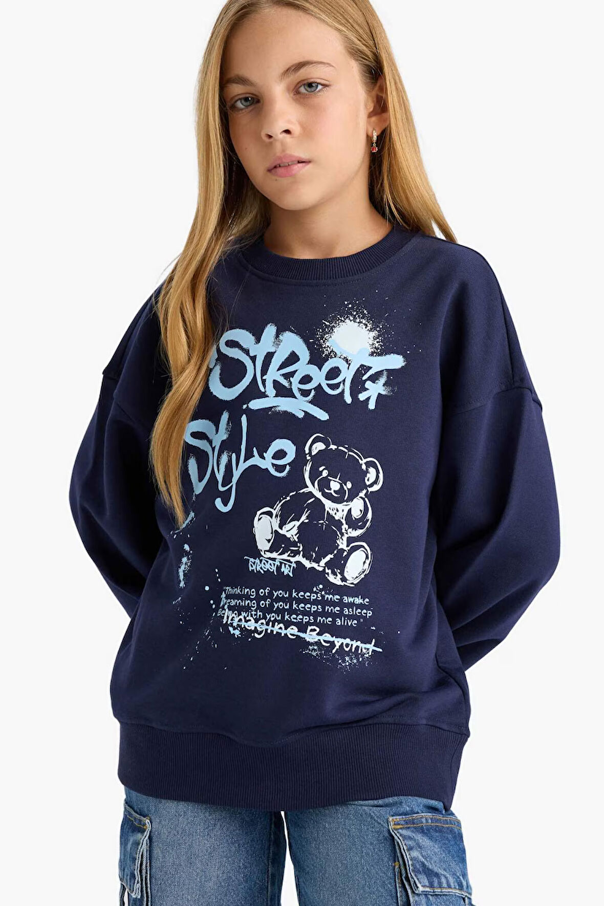 Kız Çocuk Oversize Geniş Kalıp Bisiklet Yaka Baskılı Sweatshirt