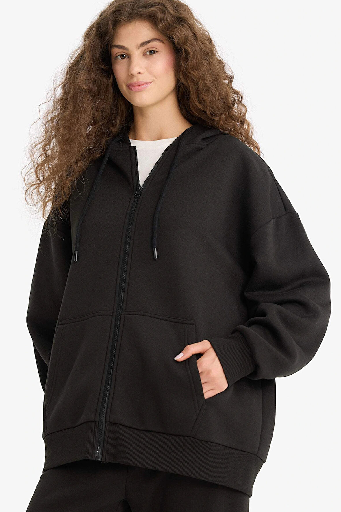 Defacto V4233AZBK81 Siyah Oversize Geniş Kalıp Kapüşonlu Fermuarlı Sweatshirt