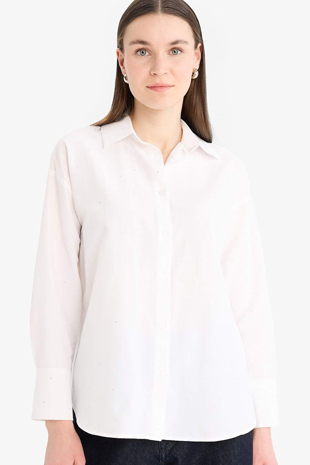 DeFacto Relax Fit Basic Düz Poplin Uzun Kollu Tesettür Gömlek Tunik E7977AX25SMWT34
