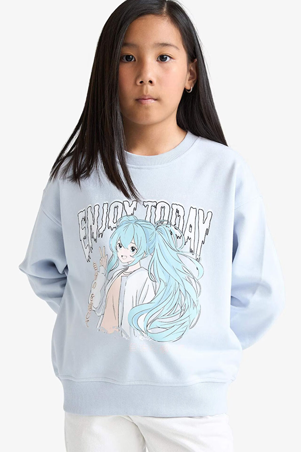 Kız Çocuk Relax Fit Bisiklet Yaka Anime Baskılı Sweatshirt