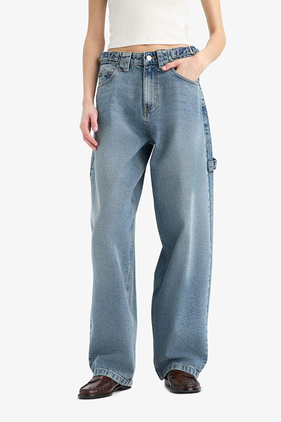 Carpenter Fit Yüksek Bel Uzun Paça Uzun Jean Kar Yıkamalı Pantolon
