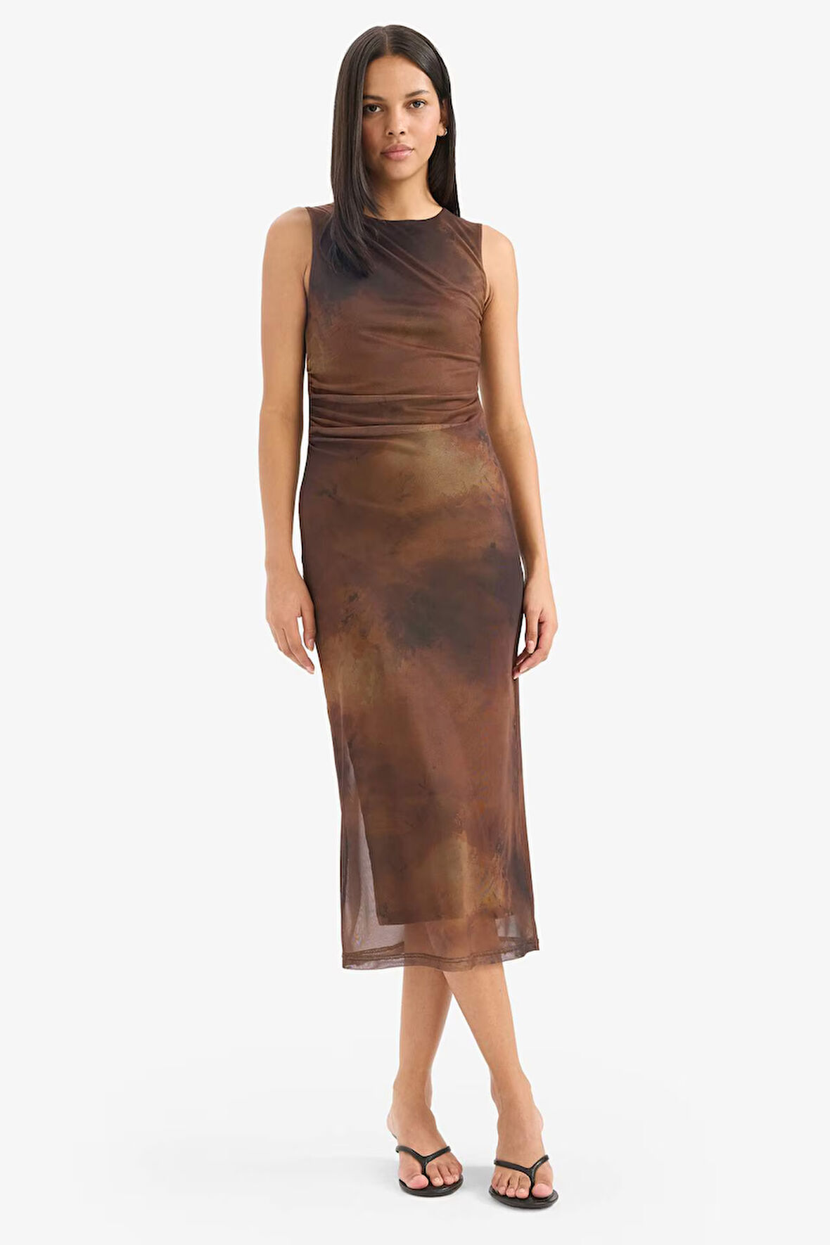 Bodycon Vücudu Saran Bisiklet Yaka Desenli Tül Kolsuz Midi Elbise