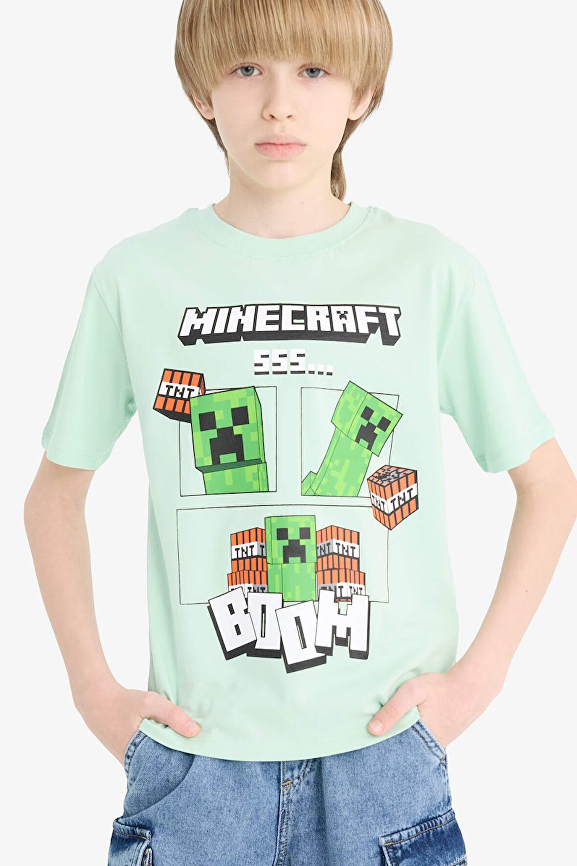 Erkek Çocuk Minecraft Bisiklet Yaka Kısa Kollu Tişört