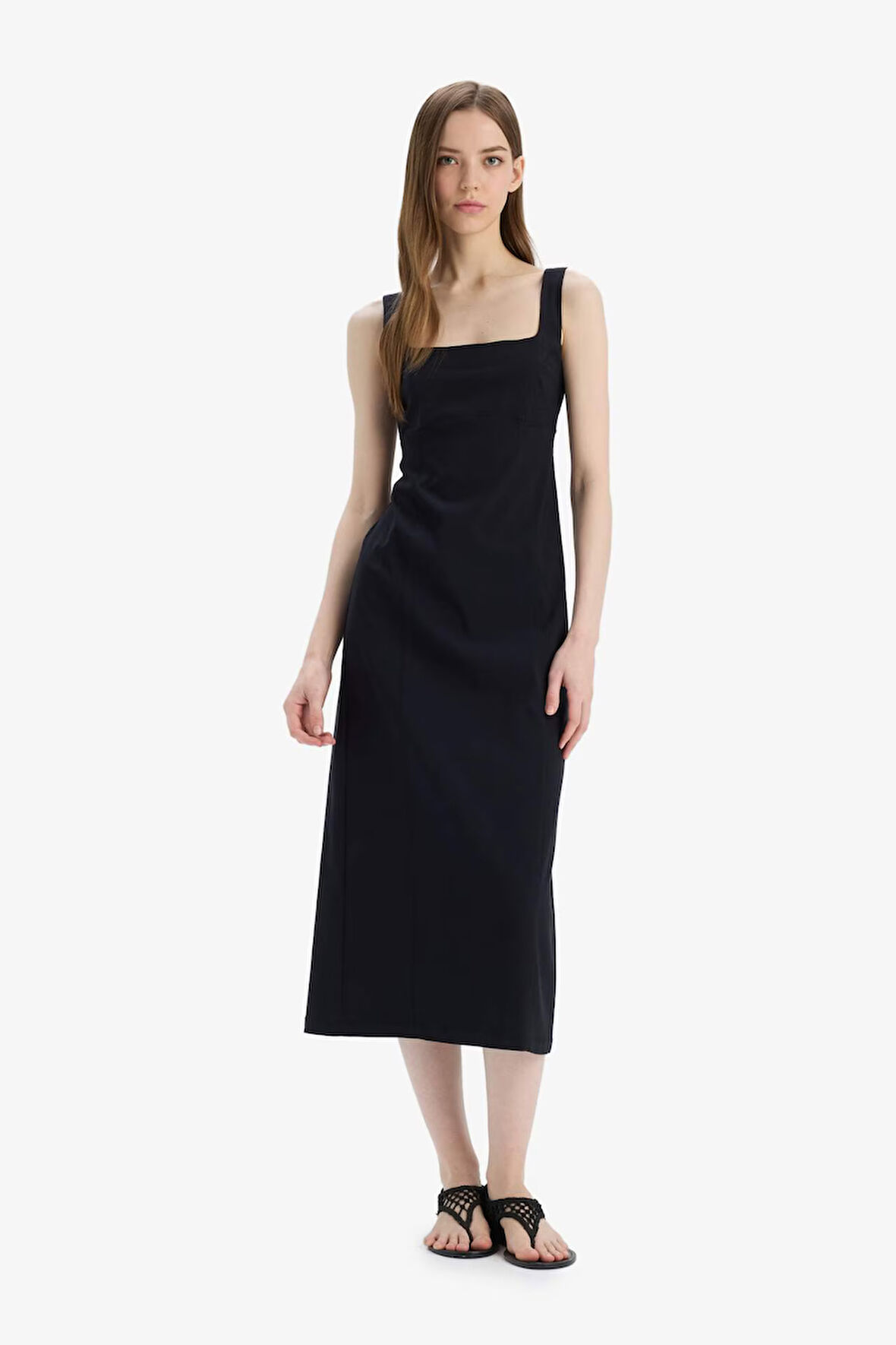 Bodycon Vücudu Saran Basic Düz Kare Yaka Askılı Maxi Elbise