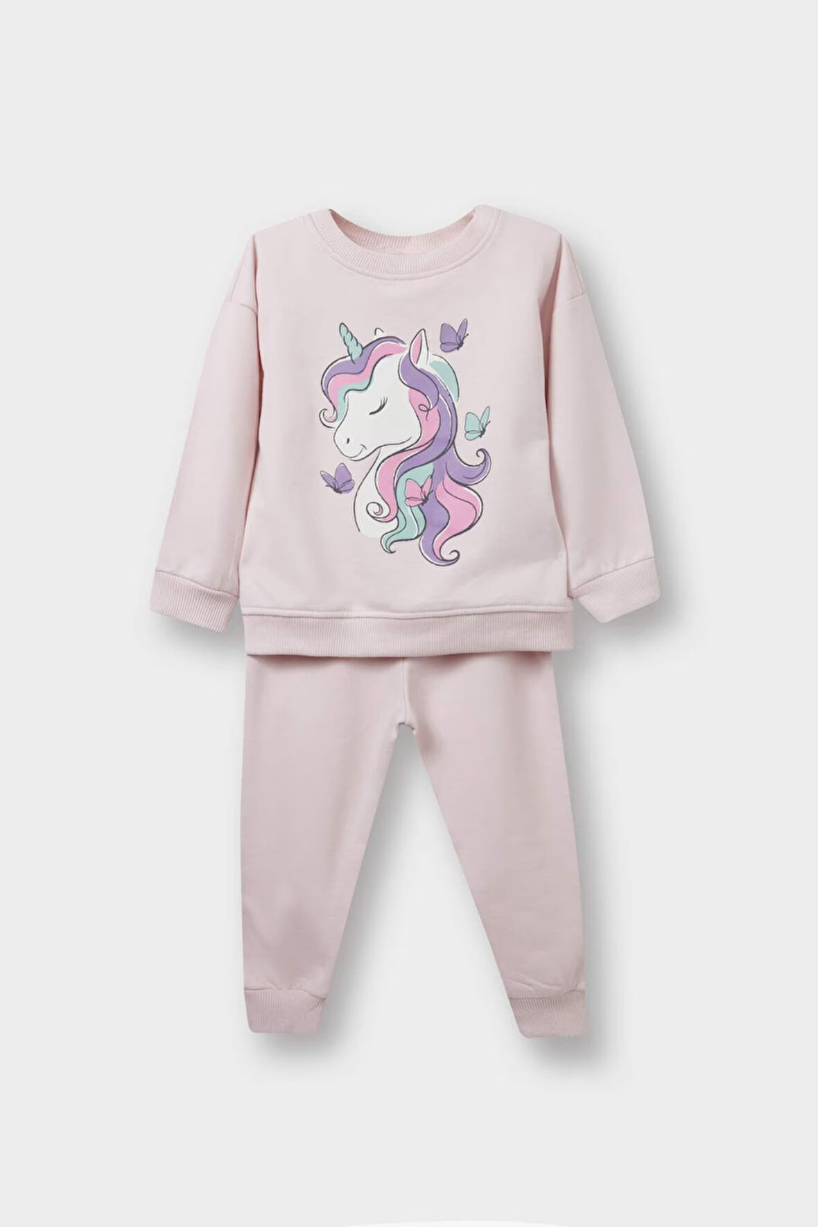 Kız Bebek 2'li Takım Unicorn Baskılı İçi Yumuşak Tüylü Sweatshirt Eşofman Altı