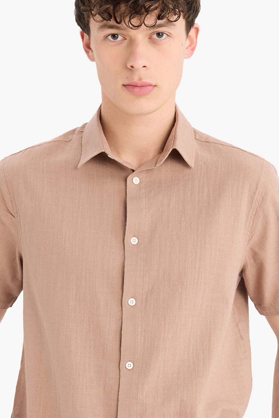 Regular Fit Polo Yaka Keten Görünümlü Pamuklu Yazlık Kısa Kollu Gömlek
