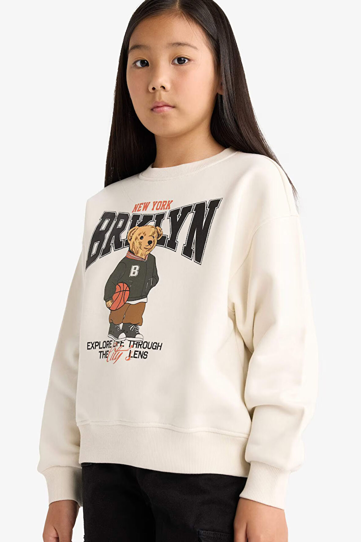 Kız Çocuk Relax Fit Bisiklet Yaka Baskılı İçi Yumuşak Tüylü Sweatshirt