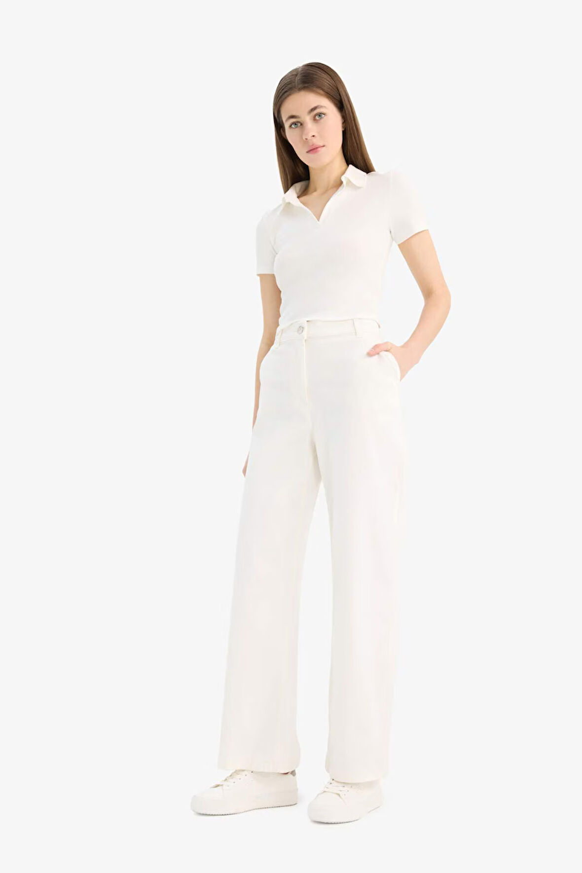 Wide Leg Gabardin Kumaş Pantolon Çift Cepli Normal Bel Geniş Paça