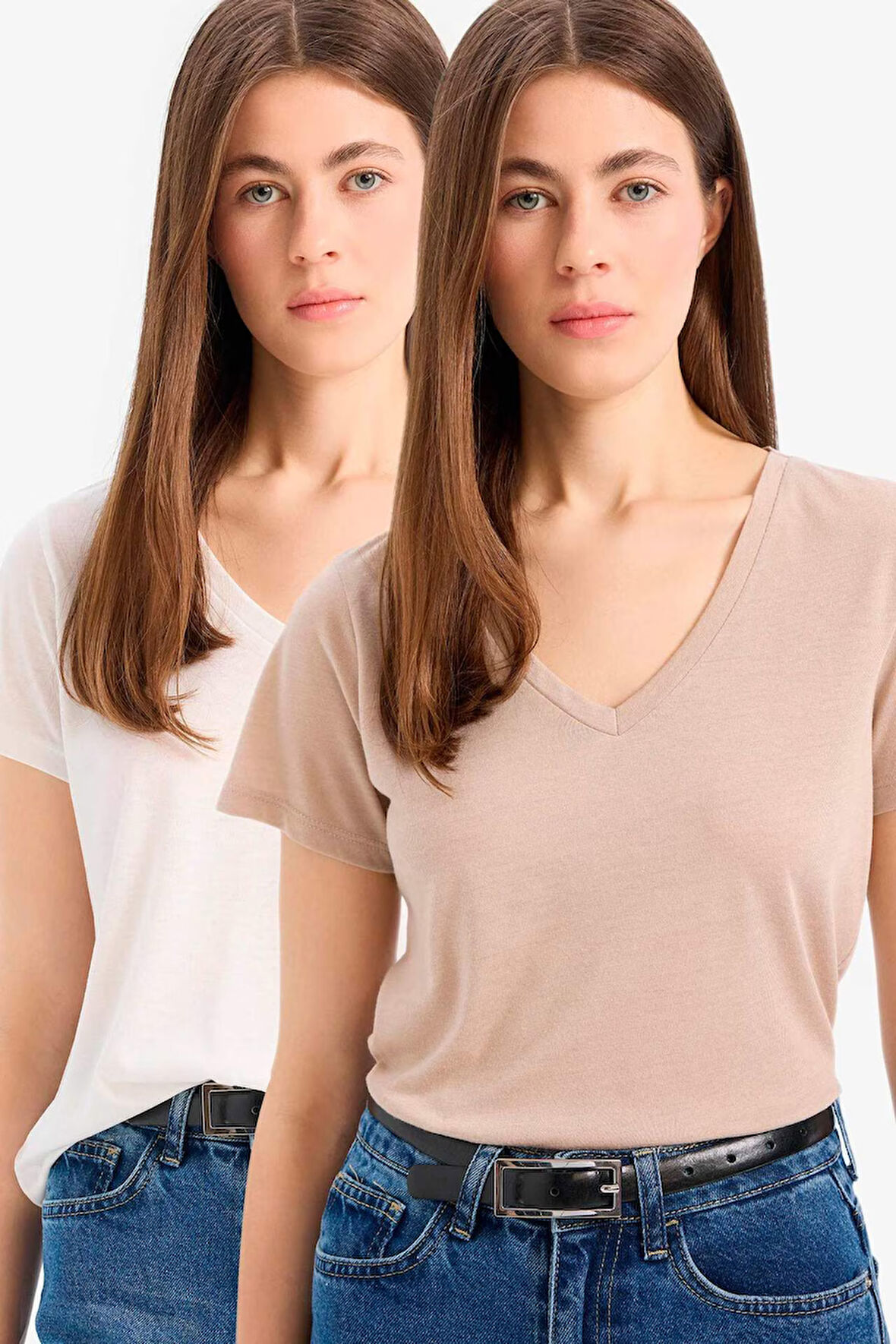 Regular Fit V Yaka Basic Düz 2'li Tişört 