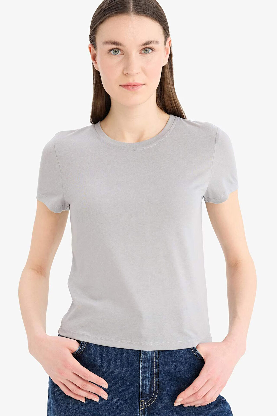 Fitted Bisiklet Yaka Basic Düz Kısa Kollu Tişört